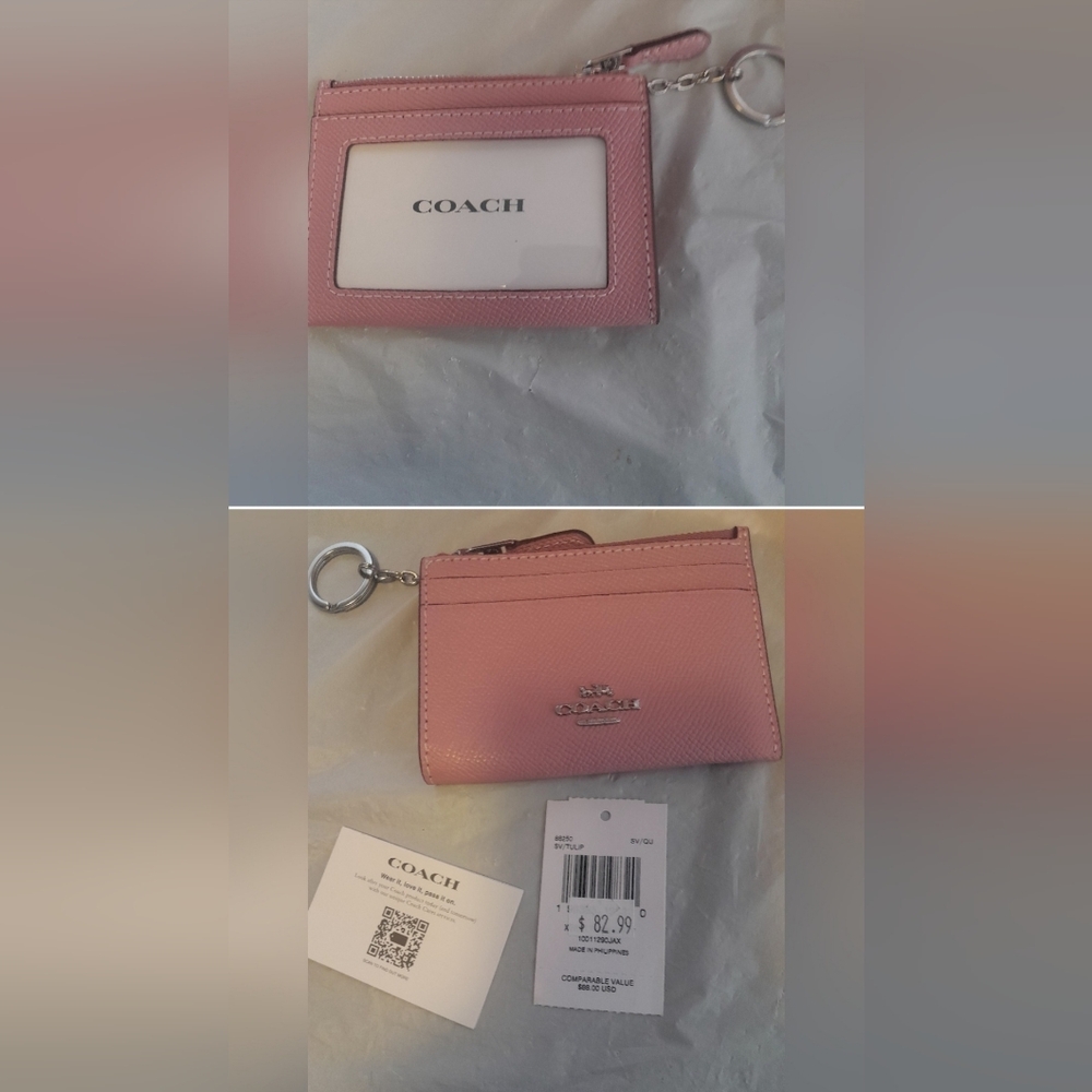 New Coach Leather ID Card Holder With Keyring In Tulip Pink New With Tags 🌸 - Picture 3 of 7